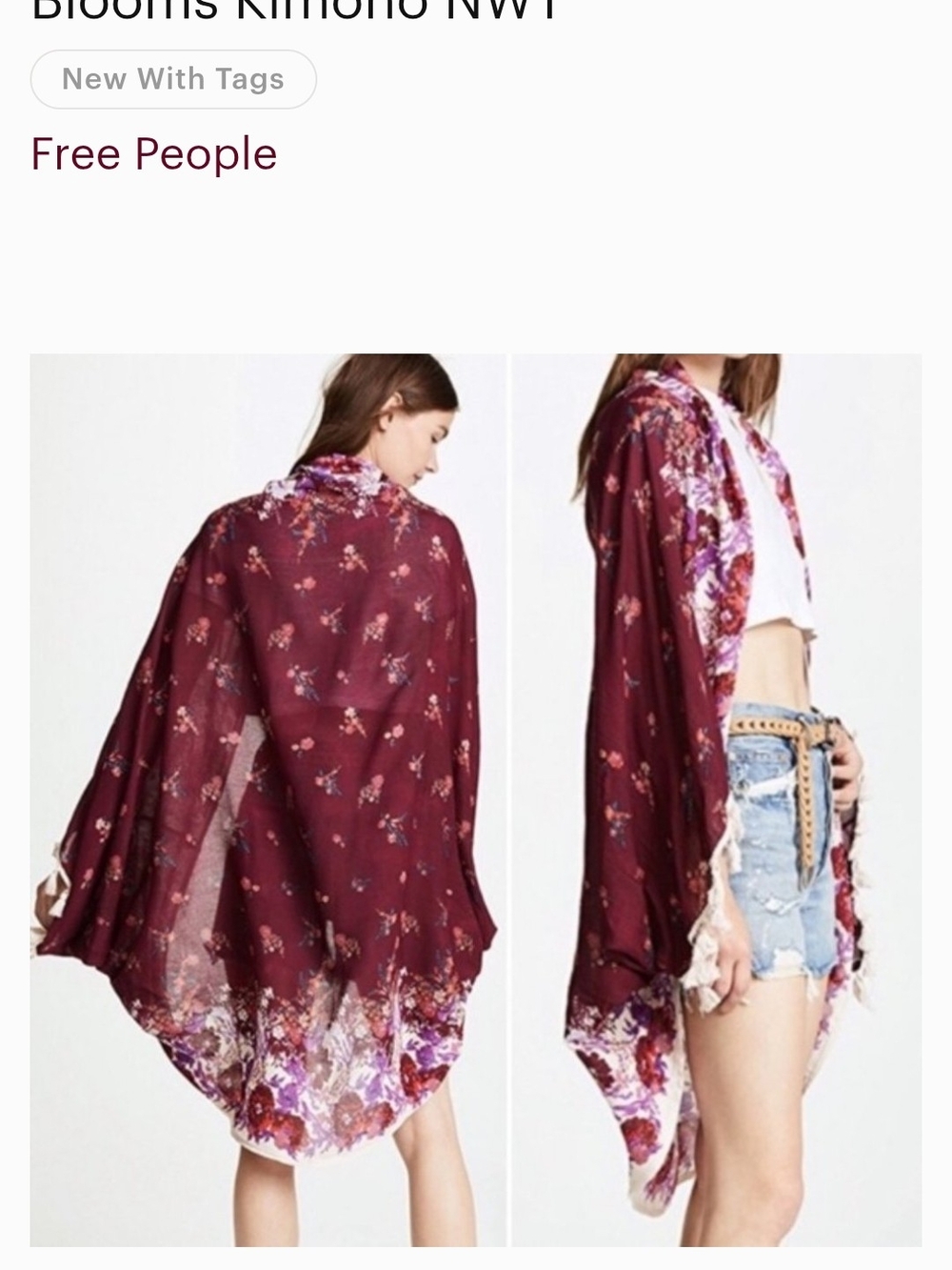 Free People Wine Floral Draped Kimono